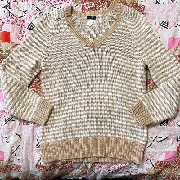 J Crew Tan Striped Cotton V-Neck Sweater Small - Picture 4 of 7